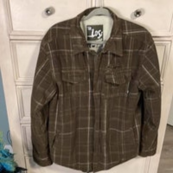 Lost Other - Mens brown plaid Sherpa lined full zip shirt/jacket large